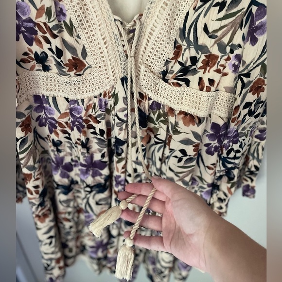 Torrid Ivory Floral Boho Mini Gauze Lace-Up Skater Dress Size 2 - Picture 4 of 12